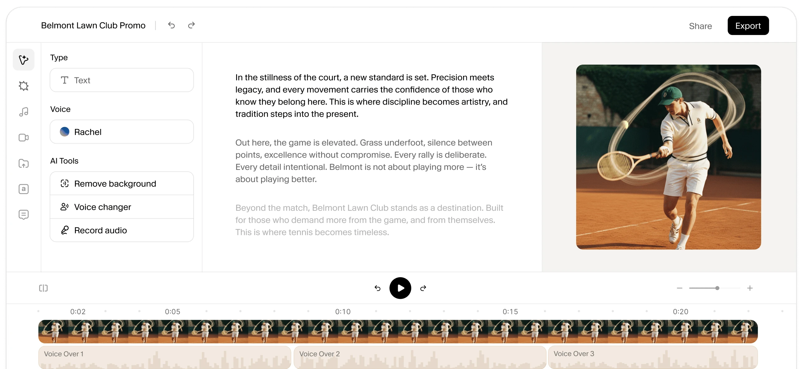 Official ElevenCreative editor with editable narration beside a campaign video and timeline